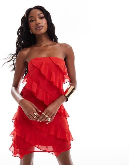 In The Style x Perrie Sian - Rød bandeau-minikjole med flæsekant - Kun hos ASOS