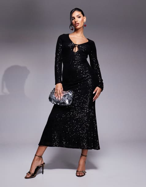 In The Style x Perrie Sian - Robe longue à découpe nouée devant ornée de sequins - Noir - view 1