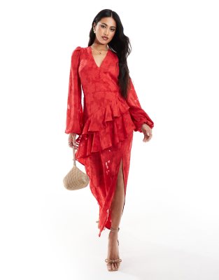 In The Style x Perrie Sian - Robe portefeuille longue asymétrique à volants en jacquard - Rouge