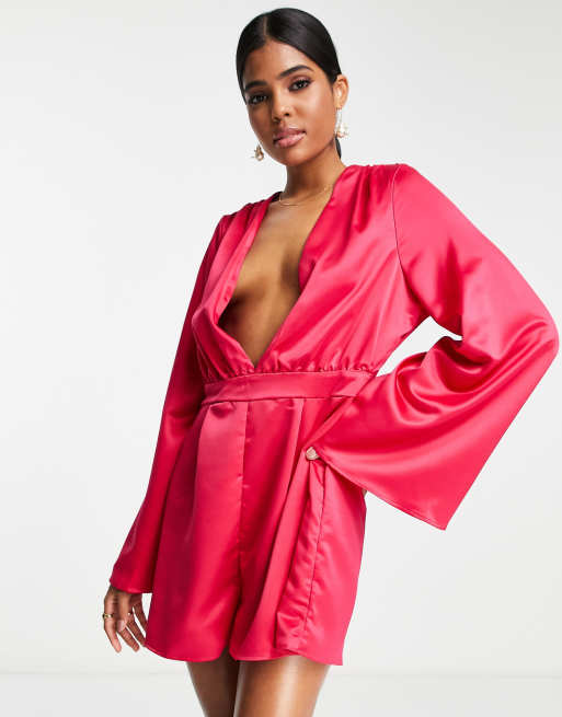 In The Style x Perrie Sian satin bell sleeve playsuit in pink