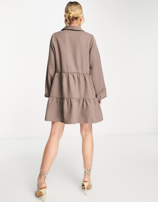 In The Style x Perrie Sian satin tiered smock dress in khaki, 2 of 4