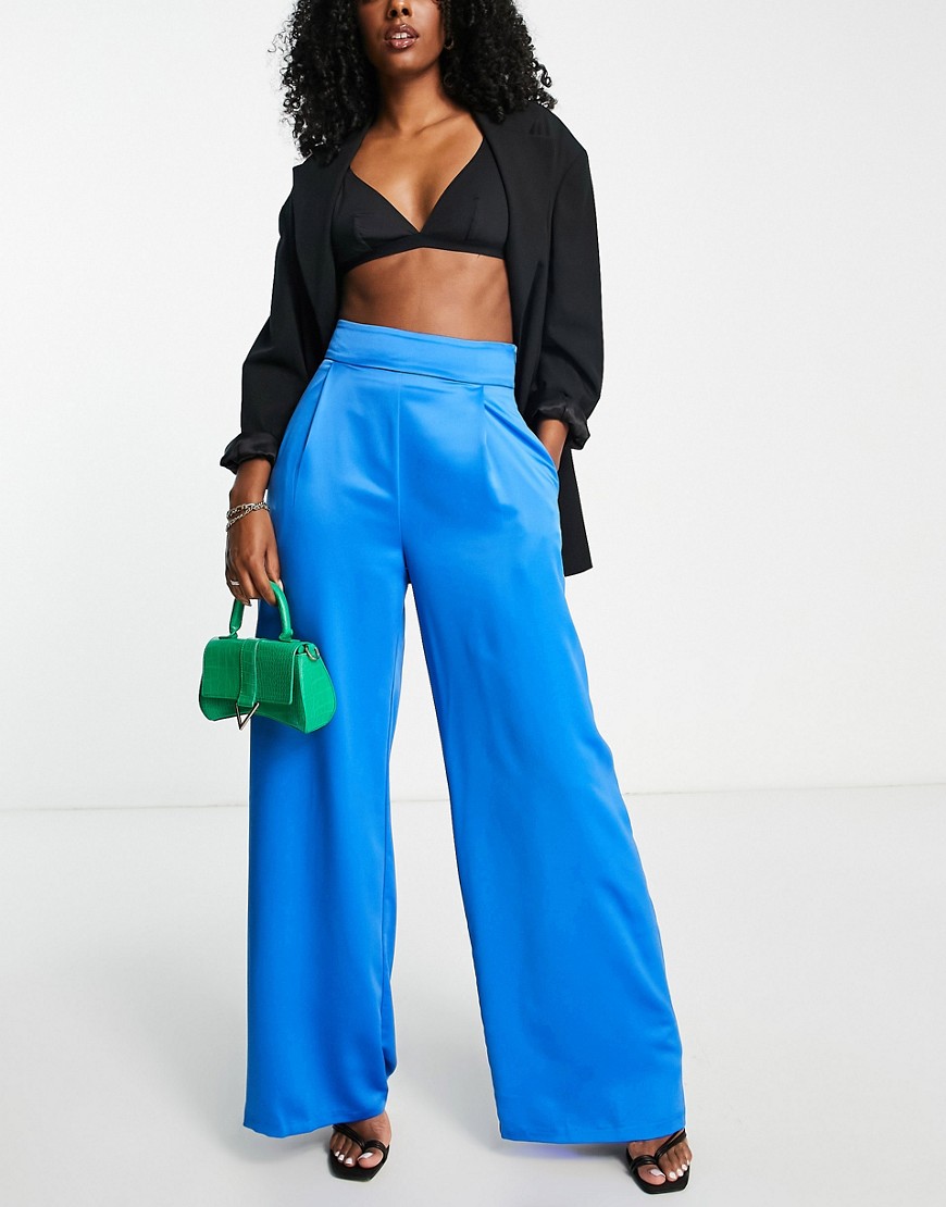 In The Style x Perrie Sian satin wide leg trouser co-ord in blue
