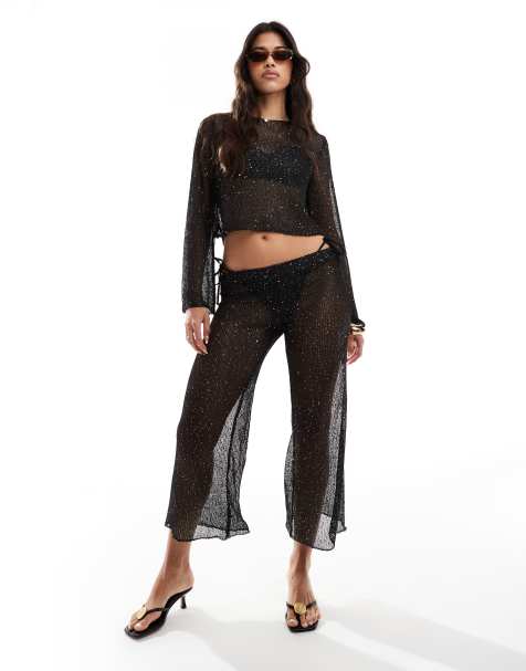 In The Style x Perrie Sian sequin crochet wide leg beach pants in black (part of a set) - view 1
