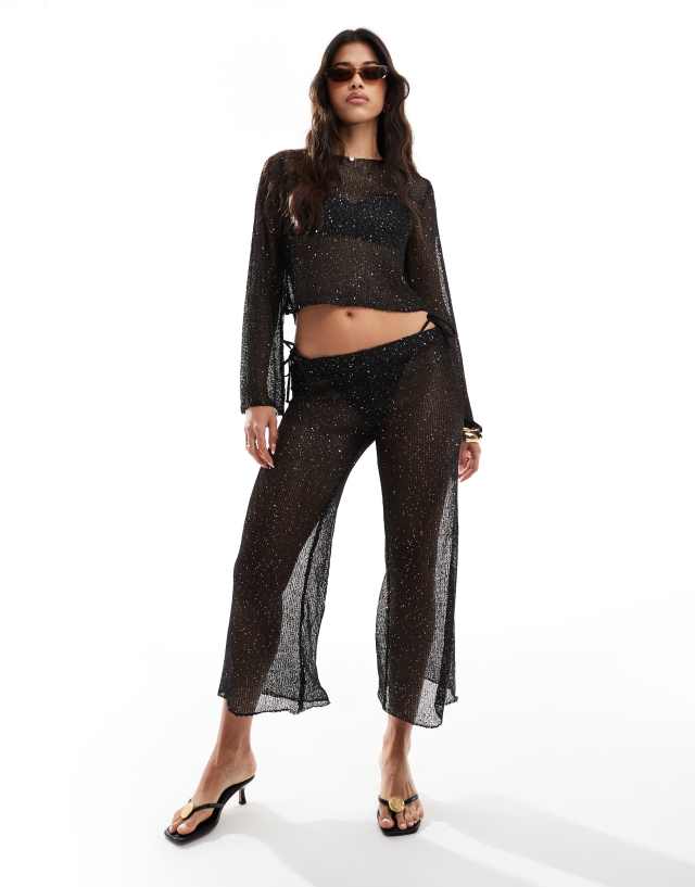 In The Style - x perrie sian sequin crochet wide leg beach trousers co-ord in black