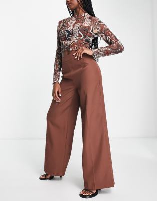 In The Style Plus x Perrie Sian wide leg pants in chocolate (part of a set)