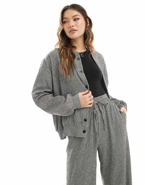 In The Style x Perrie Sian textured bomber jacket co-ord in charcoal grey - view 1