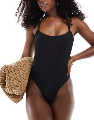 In The Style In The Style x Perrie Sian textured tie back swimsuit with pearl strap detail in black