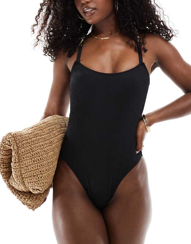 In The Style - x perrie sian textured tie back swimsuit with pearl strap detail in black