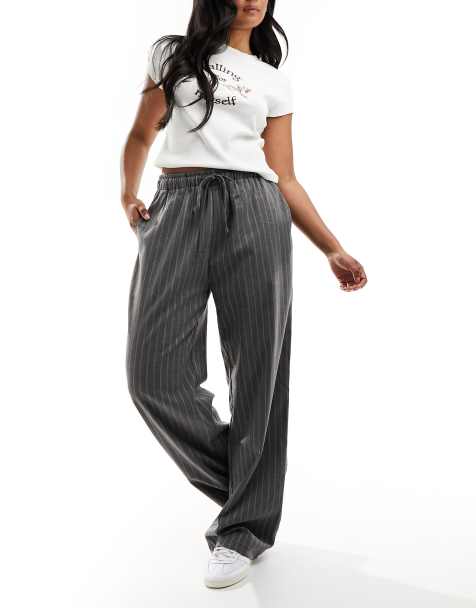 In The Style x Perrie Sian wide leg drawstring trouser in grey pinstripe - view 1
