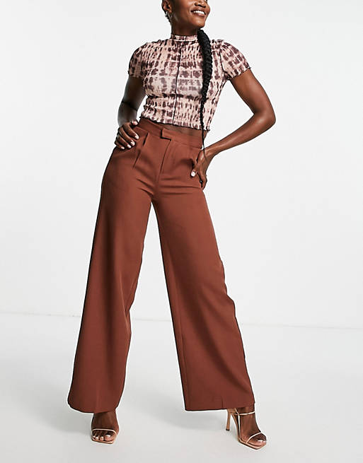 In The Style x Perrie Sian wide leg trouser co ord in chocolate
