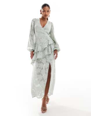 In The Style x Perrie Sian wrap asymmetric ruffle maxi dress in sage jacquard-Green