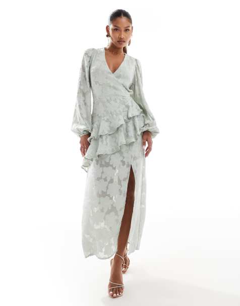 In The Style x Perrie Sian wrap asymmetric ruffle maxi dress in sage jacquard - view 1