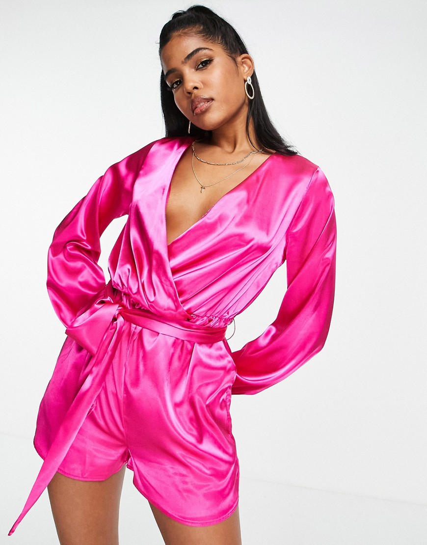 In The Style x Perrie Sian wrap front belted romper in pink