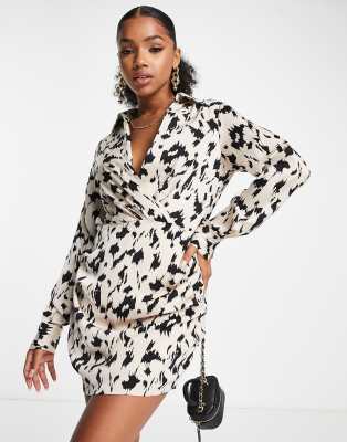 In The Style X Perrie Sian Wrap Front Shirt Dress With Ruched Skirt Detail In Multi