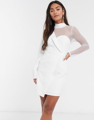 IN THE STYLE X SAFFRON BARKER ASYMMETRIC MESH TAILORED MINI DRESS IN WHITE SAF005
