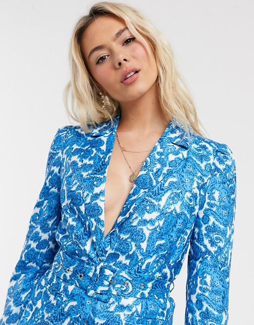 In The Style x Saffron Barker belted tuxedo jacket co ord in blue paisley print