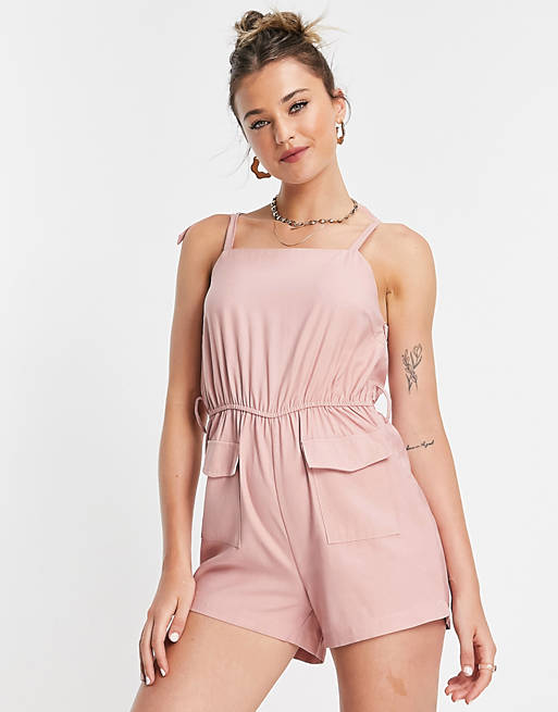 Women In The Style x Saffron Barker utility playsuit with belt detail in pink 