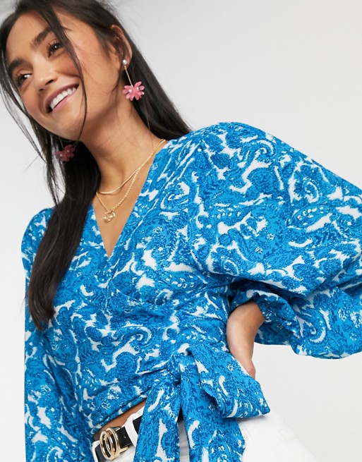 In The Style x Saffron Barker wrap front balloon sleeve top in blue paisely print