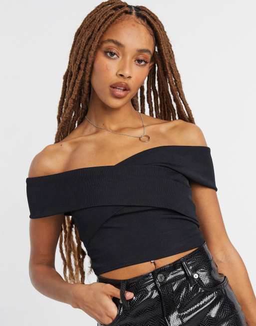 In The Style x Shaughna bardot wrap detail crop top in black | ASOS