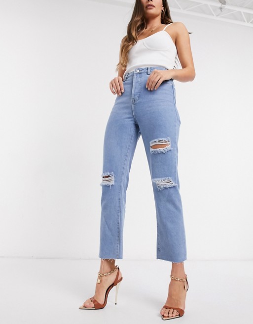 In The Style x Shaughna distressed straight leg jean in washed blue