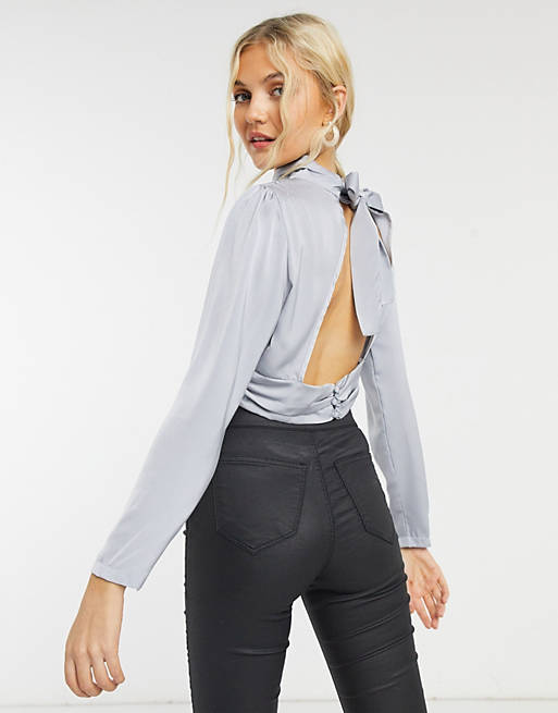 In The Style x Shaughna high neck open back top in blue