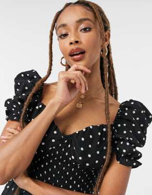 In The Style x Shaughna - Vestito midi a pois con scollo a cuore e maniche a sbuffo-Multicolore - In The Style  donna Multicolore - immagine3