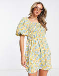 [In The Style] In The Style x Stacey Solomon floral print shirred bodice puff sleeve dress in blue 10 Blue