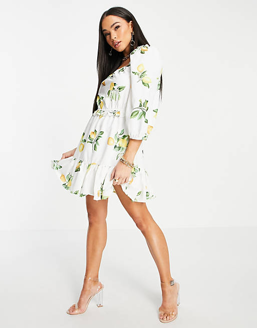In The Style x Stacey Solomon puff sleeve ruched mini smock dress in summer lemon print