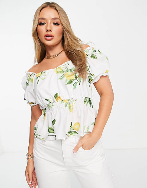  Shirts & Blouses/In The Style x Stacey Solomon puff sleeve ruched top in summer lemon print 