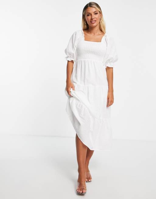 In The Style x Stacey Solomon shirred detail puff sleeve tiered midi dress in stone