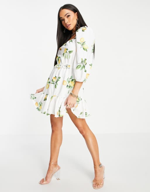 In The Style x Stacey Solomon - Smock-minikjole med pufærmer og rynkedetalje i sommerligt citronprint
