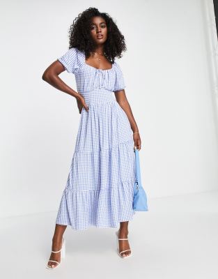 In The Style x Stacey Solomon sweetheart neck tiered midi dress in blue gingham print