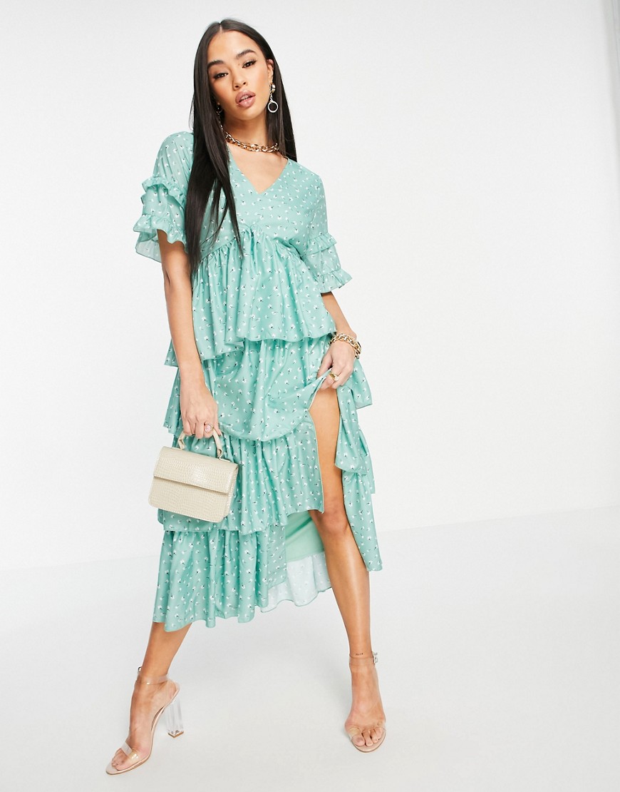 In The Style x Stacey Solomon tiered ruffle midi dress in green floral print-Multi
