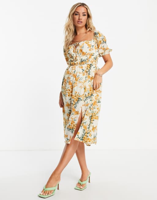 In The Style x Stacey Solomon - Vestito midi con maniche a sbuffo in multicolore con finiture a contrasto