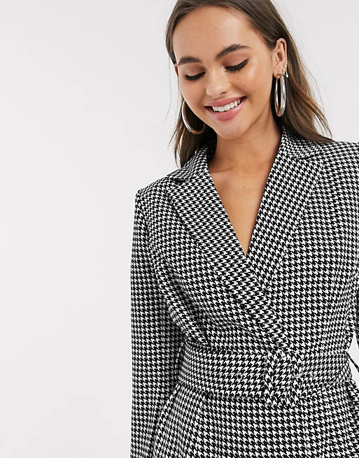 In The Style x Stephsa blazer dress with belt detail in houndstooth print