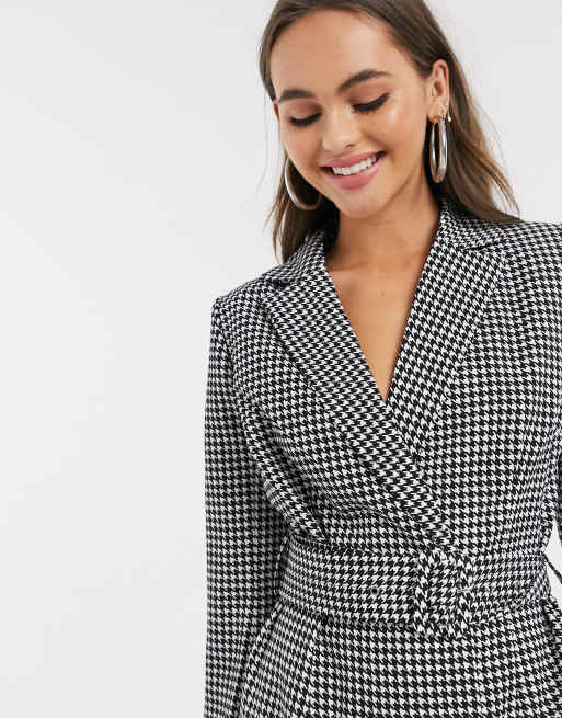 In The Style x Stephsa blazer dress with belt detail in houndstooth print