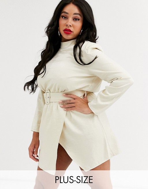 In The Style x Stephsa Plus high neck shimmer mini dress with belt detail in cream