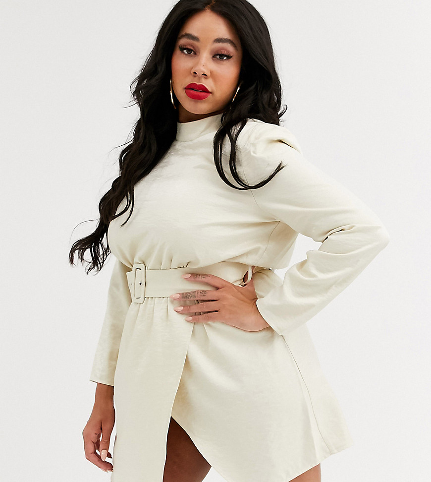 In The Style x Stephsa Plus high neck shimmer mini dress with belt detail in cream-White