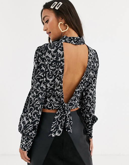 In The Style x Stephsa print cropped blouse with open back tie detail