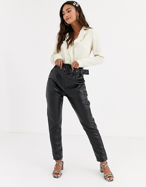 In The Style x Stephsa pu paperbag waist trouser with belt in black