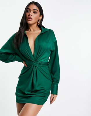 In The Style knot front satin shirt dress in emerald green