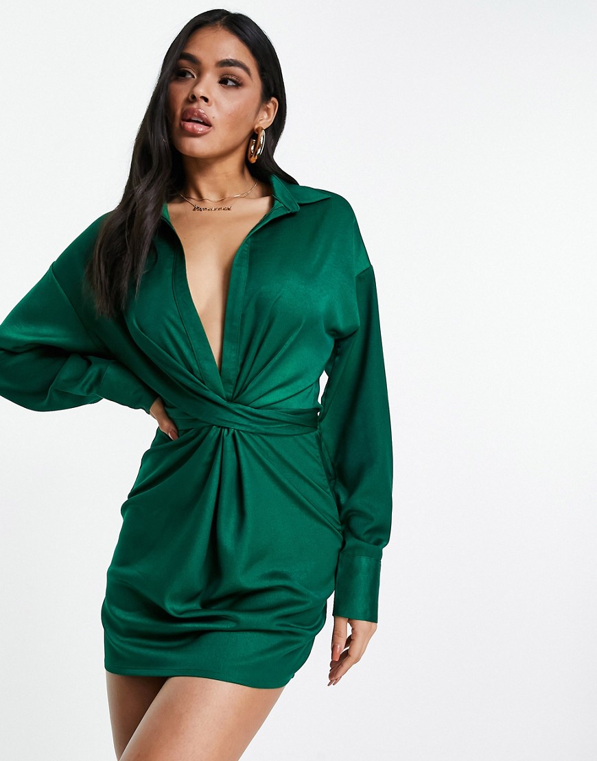 In The Style x Syd & El knot front shirt dress in emerald green-Blue