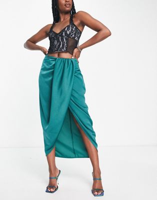 In The Style x Terrie Mcevoy frill wrap detail midi skirt in green