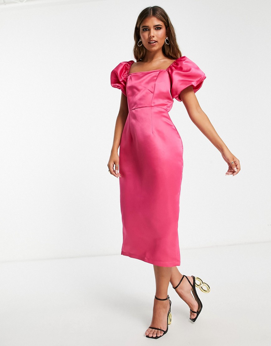 In The Style x Terrie Mcevoy puff sleeve midi pencil dress in pink