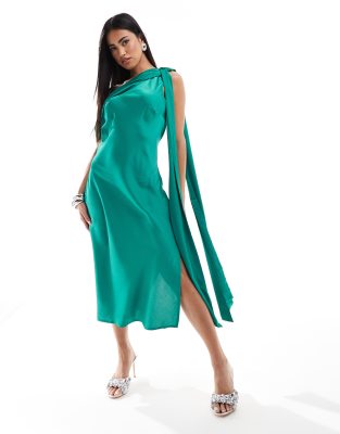 In The Style x Terrie McEvoy satin one shoulder drape midi dress in emerald green