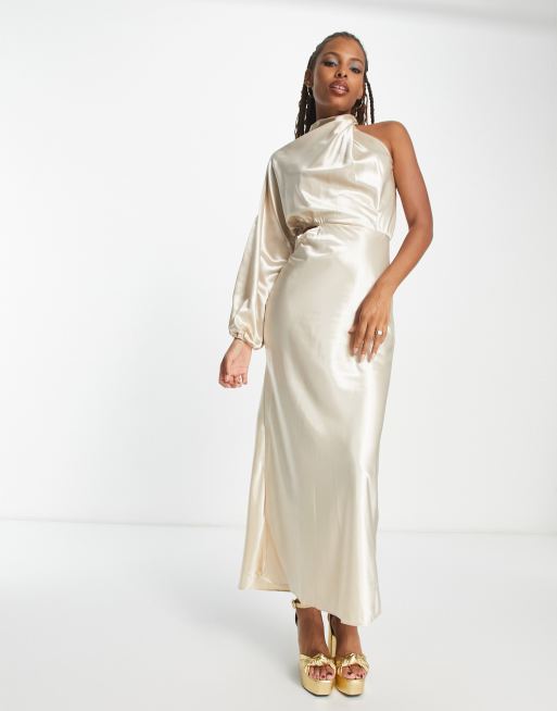 In The Style x Terrie McEvoy satin one volume shoulder cut out maxi dress in champagne