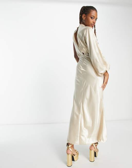 In The Style x Terrie Mcevoy satin one volume shoulder cut out maxi dress  in champagne | ASOS