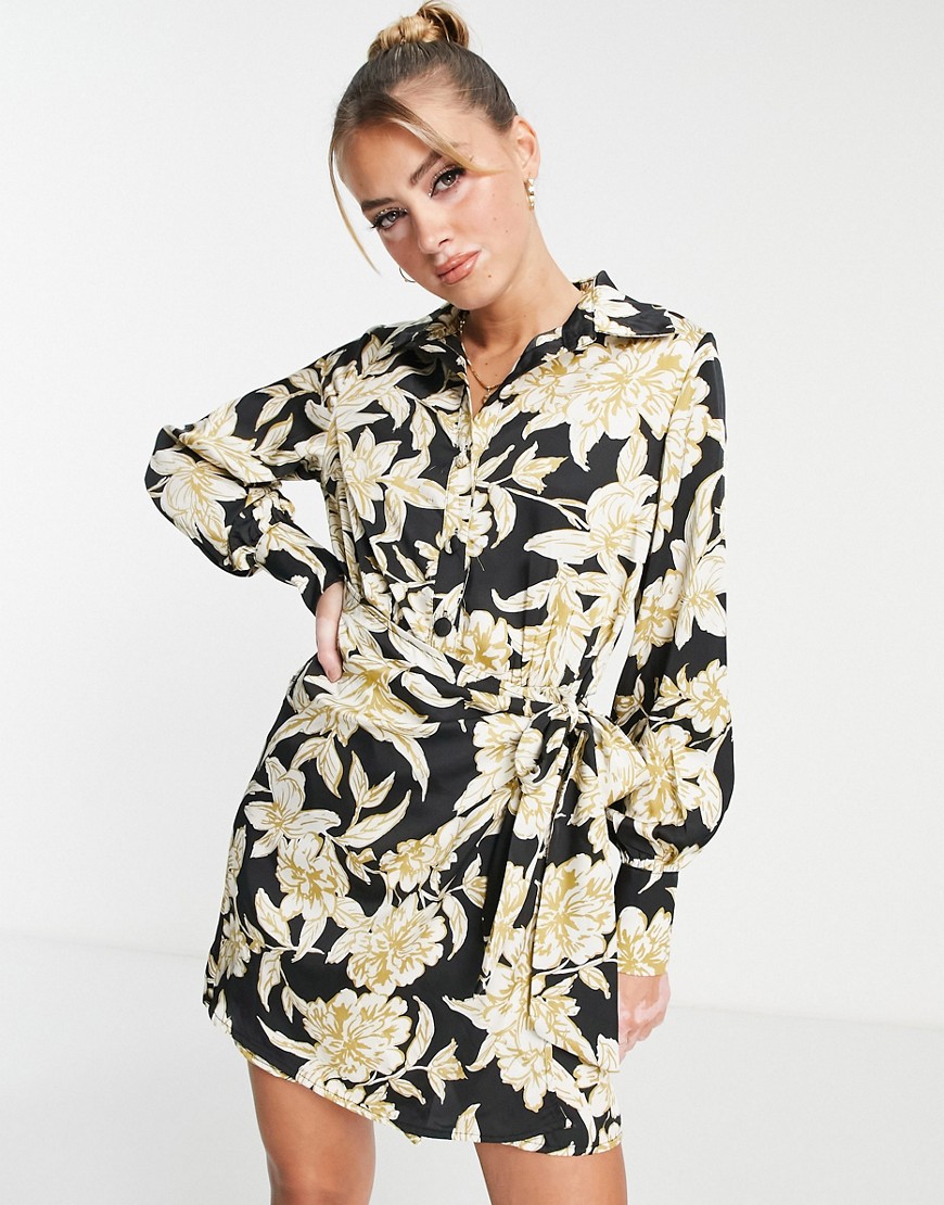 In The Style x Terrie Mcevoy wrap mini shirt dress in black floral-Multi