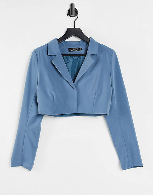 In The Style x Yasmin Chanel cropped blazer in blue - part of a set