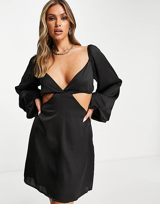 In The Style x Yasmin Chanel satin cut out volume sleeve skater dress in black